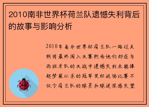 2010南非世界杯荷兰队遗憾失利背后的故事与影响分析
