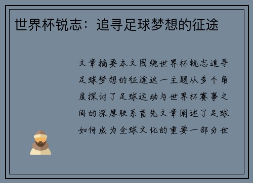 世界杯锐志：追寻足球梦想的征途